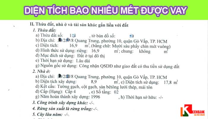 Diện tích tối thiểu để vay ngân hàng là bao nhiêu?